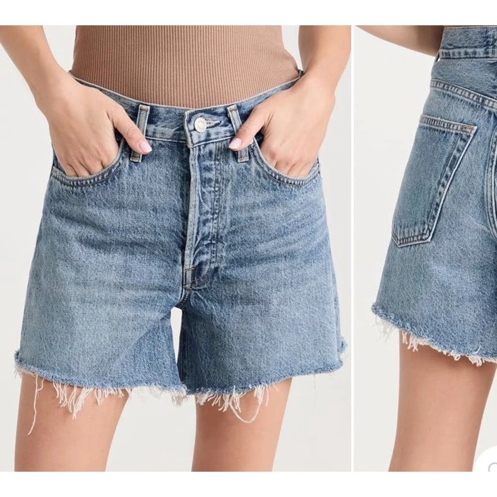 AGOLDE Parker Long High Rise Denim Shorts Skyewave Blue Raw Hem 24